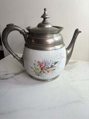 Antique Hand-Painted Enamel & Pewter Floral Teapot | Cottage-core Decor